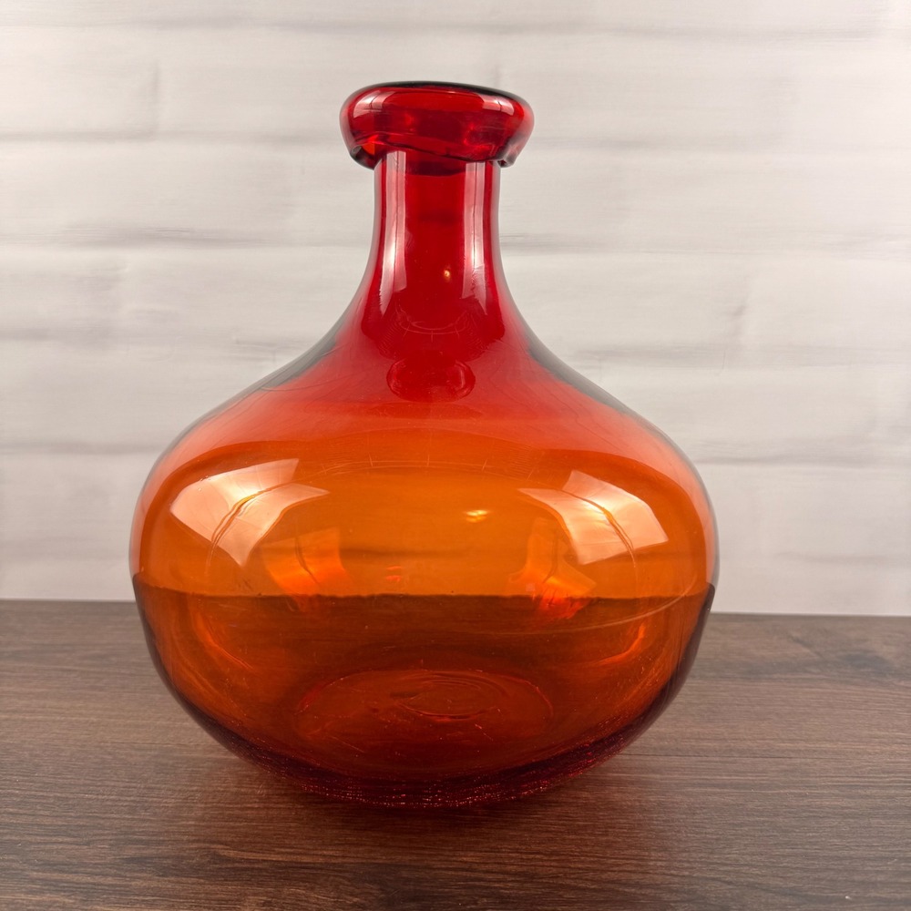 Hand Blown Tangerine Amberina Art Glass Bottle Vase Rolled Rim MCM